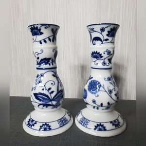 Vienna Woods Fine China Blue Onion Candlesticks 6” Set Of 2 Japan Seymour Mann